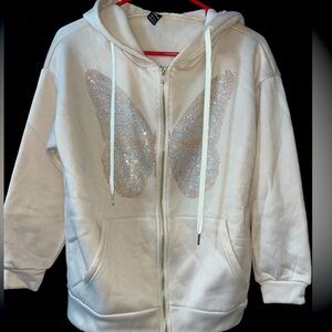 Zippered Hoodie Features Sparkle Butterfly Design XS